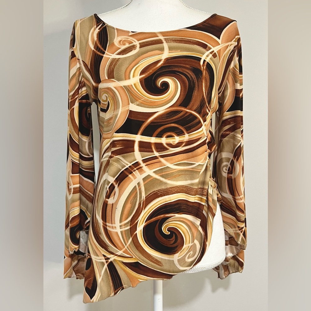 90s/Y2K Maria Gabriellé New York Brown Abstract Print Bell Sleeve Top